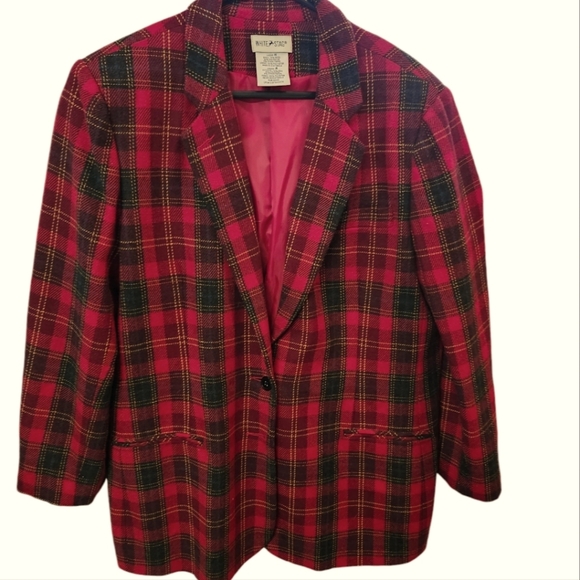 Vintage wool blend blazer red tartan plaid 3/4 sleeves 2 button closure women 16 - Picture 1 of 7
